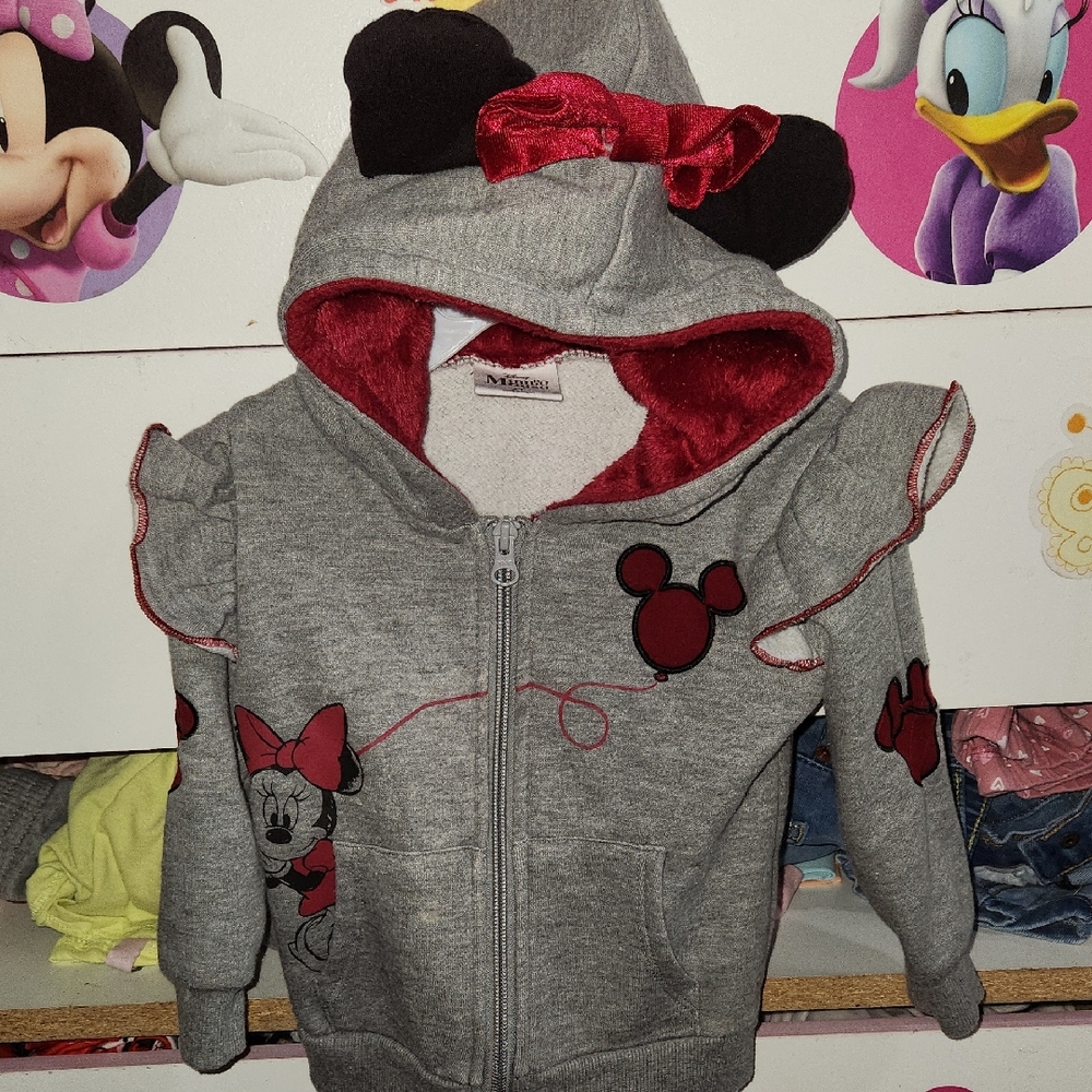 Disney Minnie Gray Hoodie with Red Accents and Mouse Ears